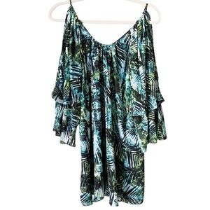 Parker | Cold Shoulder Mini Shift Dress Bell Sleeve Palm Leaf Tropical Green S